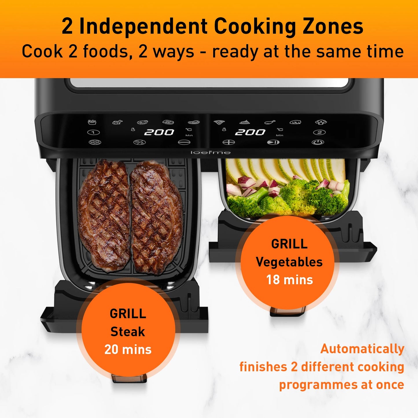 Dual Zone Digital Air Fryer, 2 Drawers, 7.6L